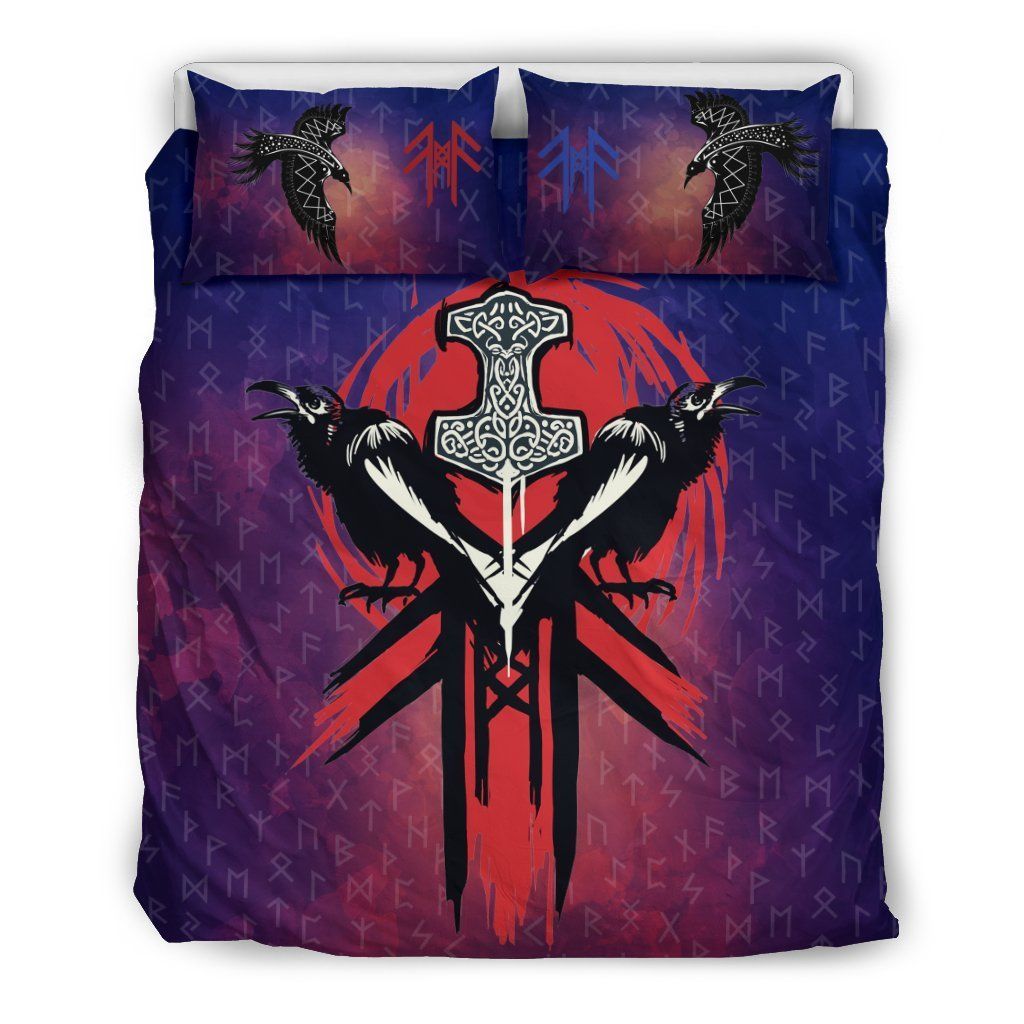 two raven with thors hammer in viking style bedding set bedroom decor 3363