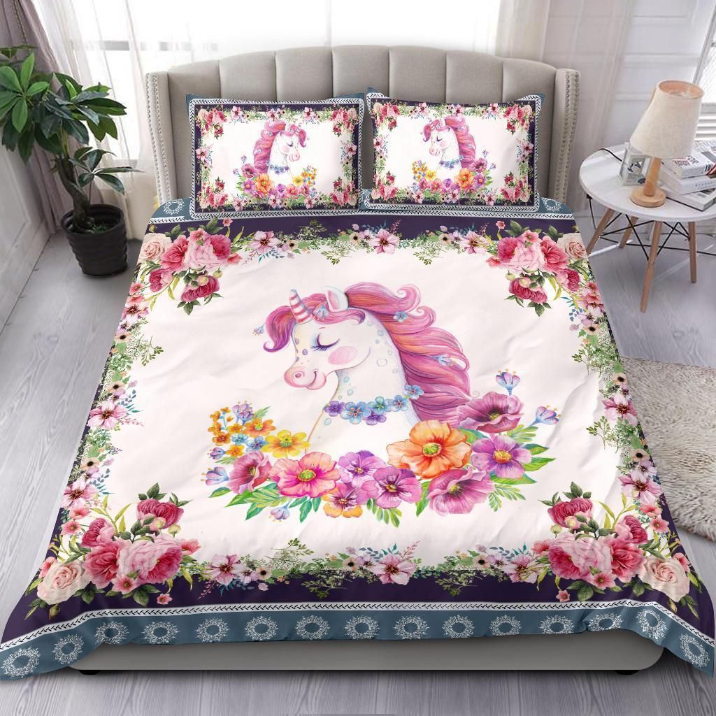 unicorn with flower pattern bedding set bedroom decor 8188