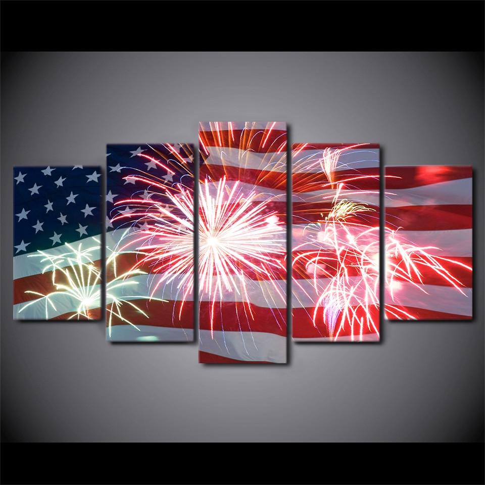 usa flag and fireworks abstract 5 panel canvas art wall decor 5480