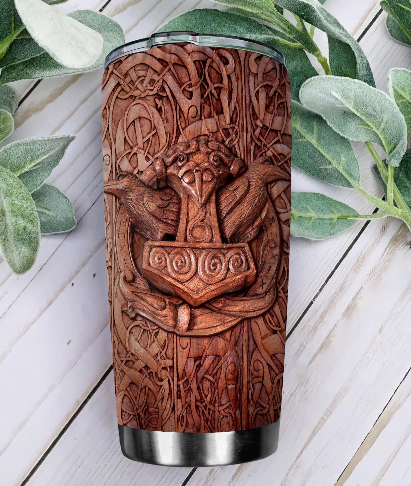 viking raven odin wood style personalized stainless steel tumbler 5515