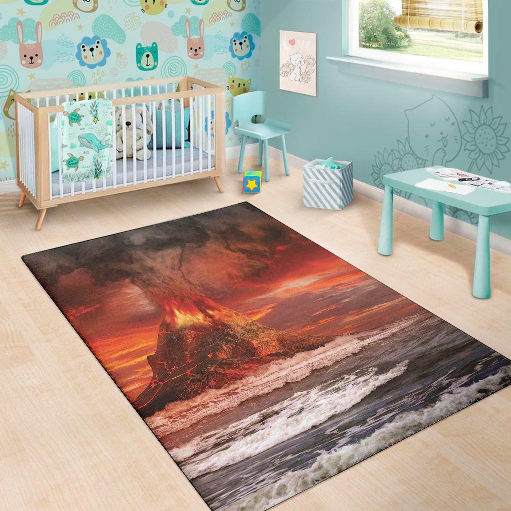volcano on the sea print area rug floor decor 5061