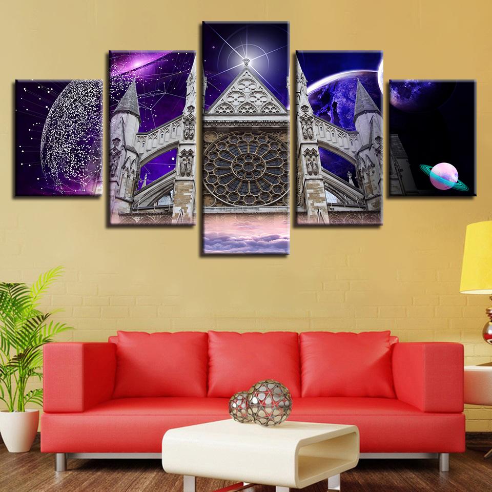 westminster abbey and abstract planets night nature 5 panel canvas art wall decor 5371