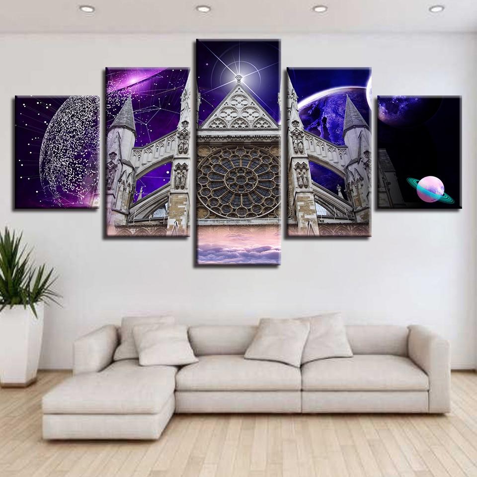 westminster abbey and abstract planets night nature 5 panel canvas art wall decor 6547