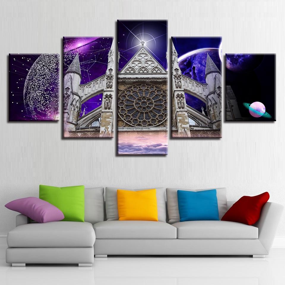 westminster abbey and abstract planets night nature 5 panel canvas art wall decor 8148