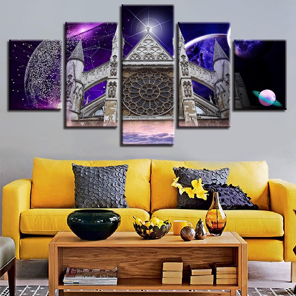 westminster abbey and abstract planets night nature 5 panel canvas art wall decor 8747