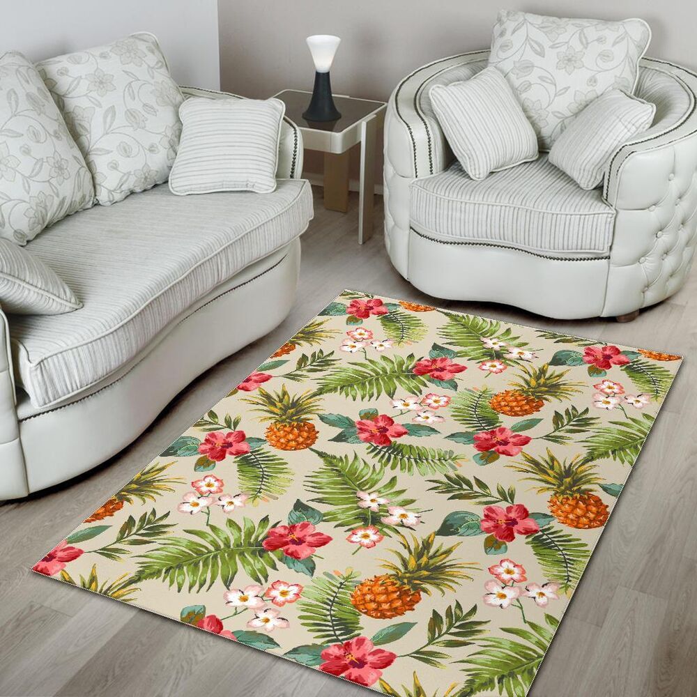 white aloha pineapple pattern print area rug floor decor 3744