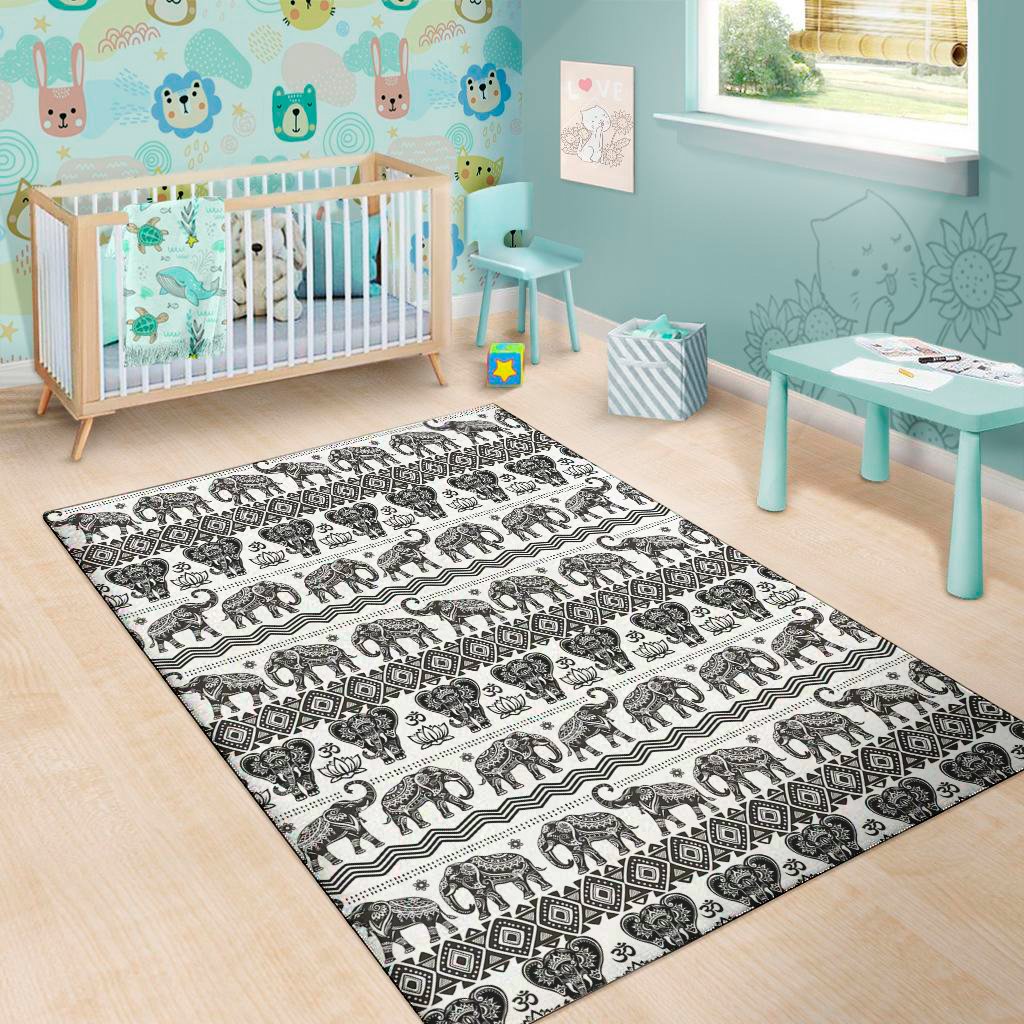 white and black indian elephant print area rug floor decor 8473