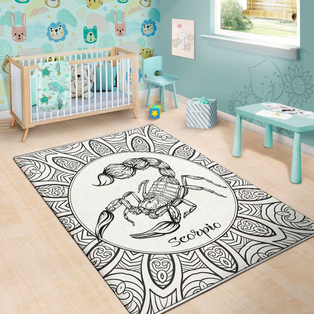 white and black scorpio sign print area rug floor decor 6314
