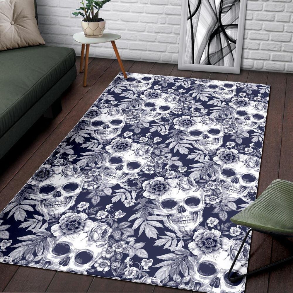 white blue skull floral pattern print area rug floor decor 4338