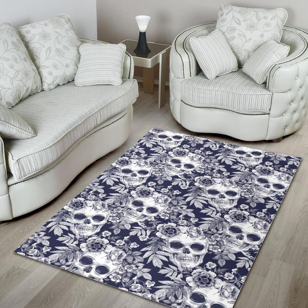 white blue skull floral pattern print area rug floor decor 5186