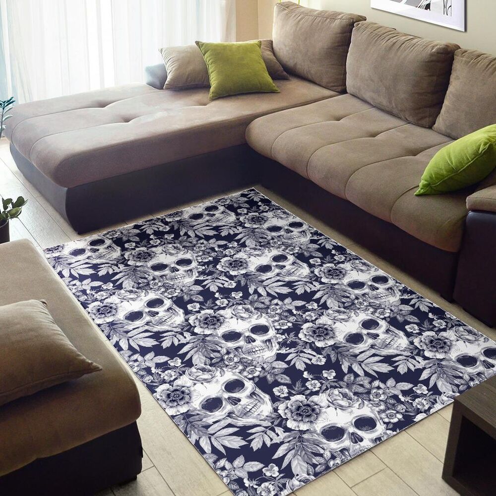 white blue skull floral pattern print area rug floor decor 5434
