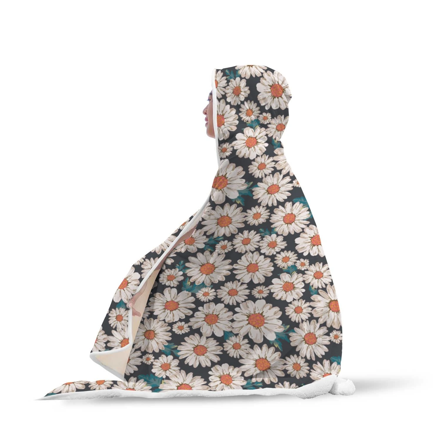 White Cute Daisy Pattern Print Hooded Blanket Cloak Blanket white cute daisy pattern print hooded blanket cloak blanket 2567