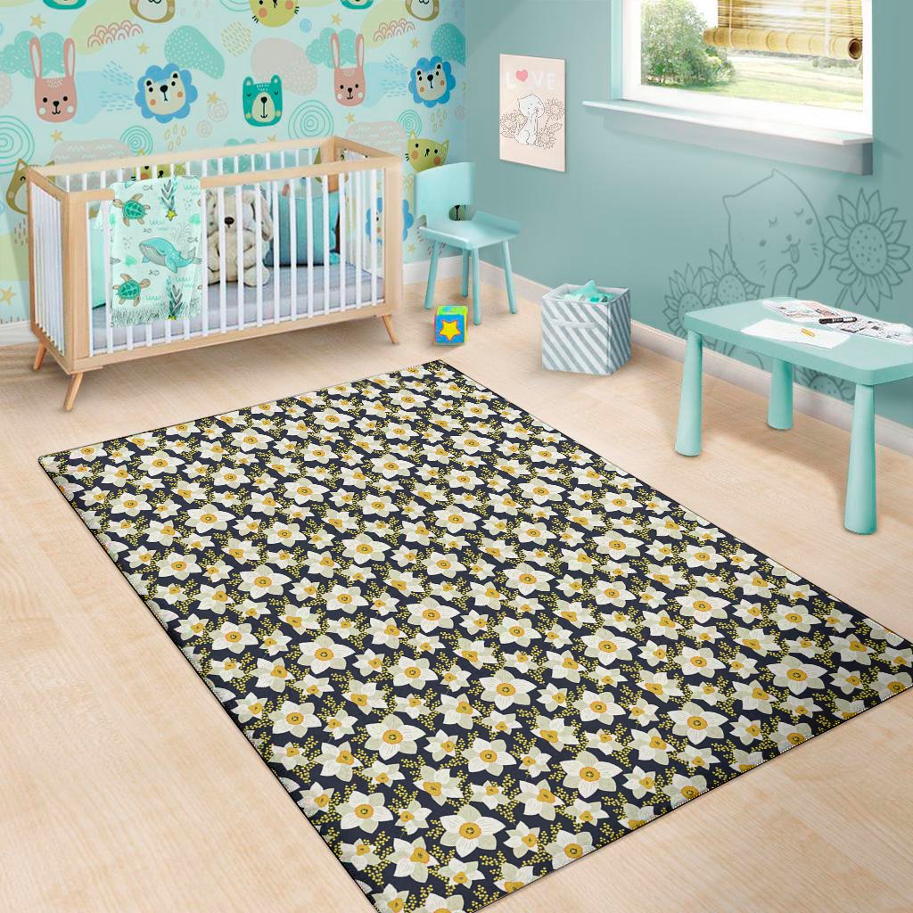 white daffodil flower pattern print area rug floor decor 1010