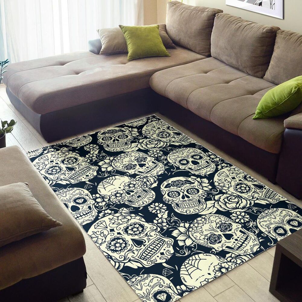 White Floral Sugar Skull Pattern Print Area Rug Floor Decor white floral sugar skull pattern print area rug floor decor 4162