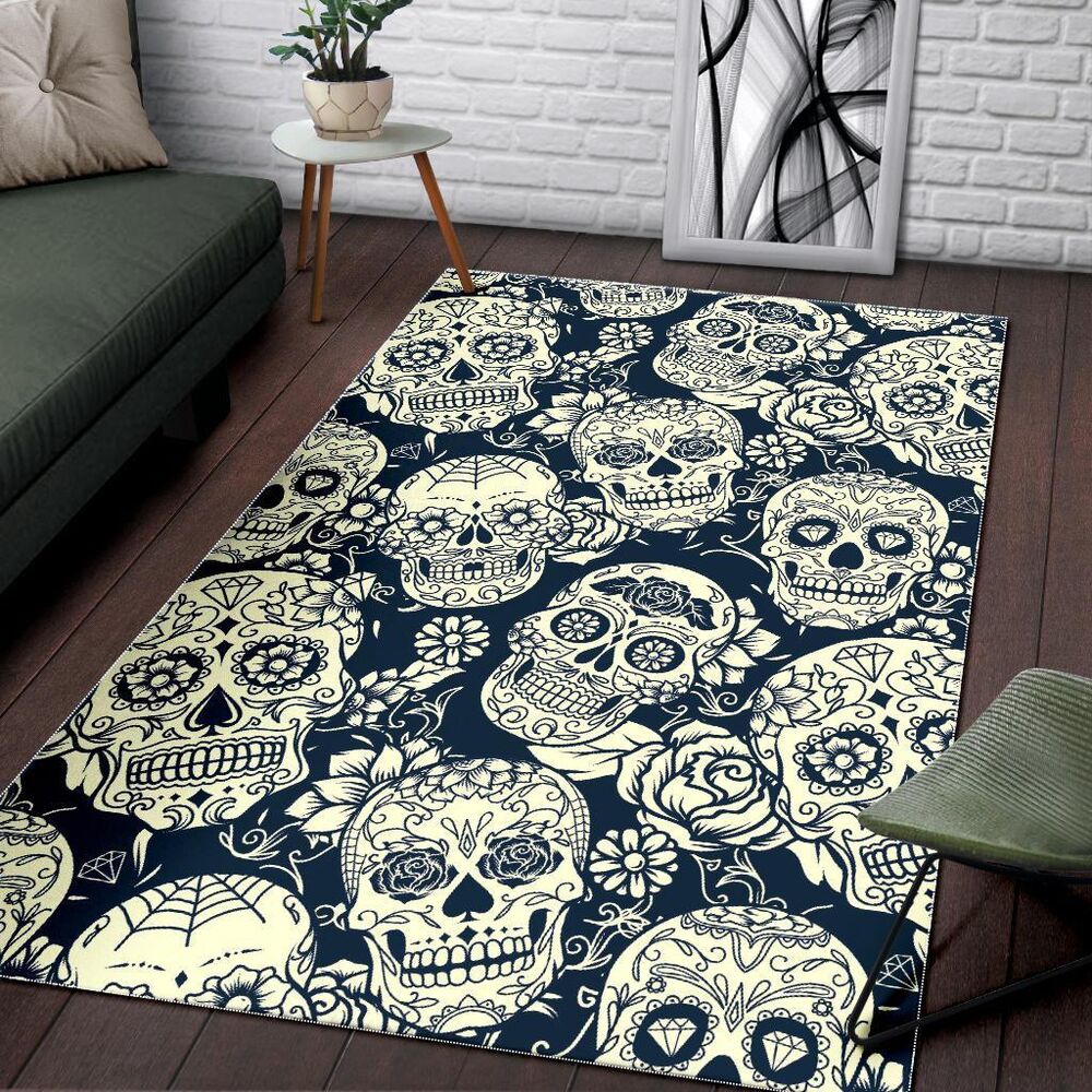 White Floral Sugar Skull Pattern Print Area Rug Floor Decor white floral sugar skull pattern print area rug floor decor 5246