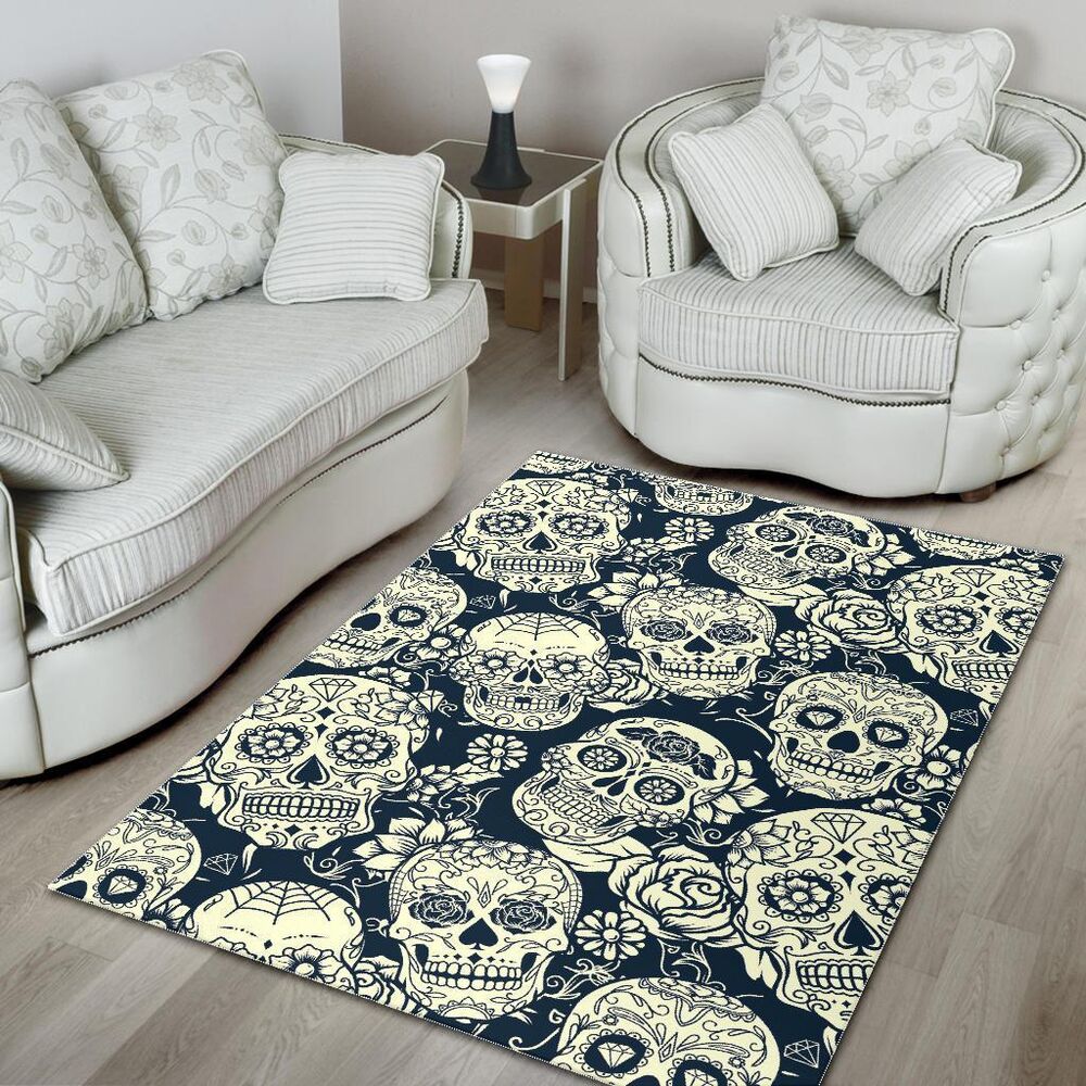 White Floral Sugar Skull Pattern Print Area Rug Floor Decor white floral sugar skull pattern print area rug floor decor 8945