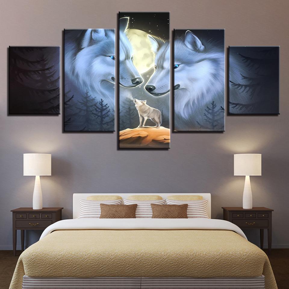 white wolf couple moon abstract animal 5 panel canvas art wall decor 2530