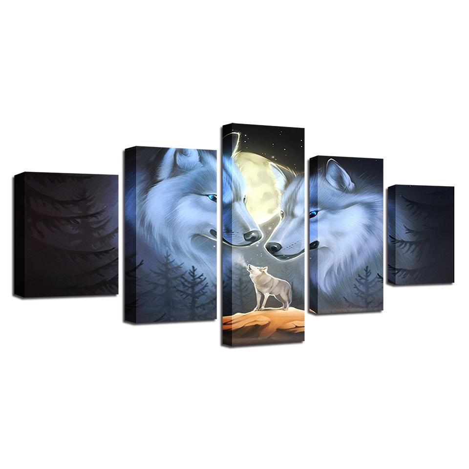 white wolf couple moon abstract animal 5 panel canvas art wall decor 5041