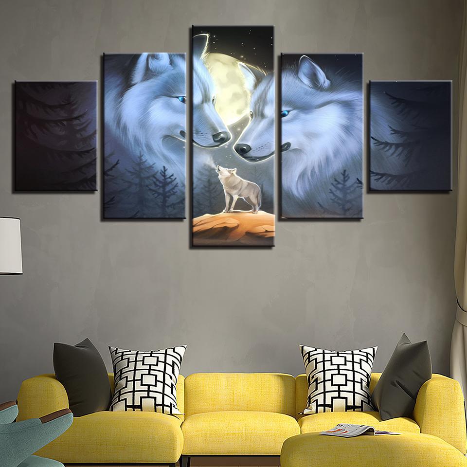 white wolf couple moon abstract animal 5 panel canvas art wall decor 5298