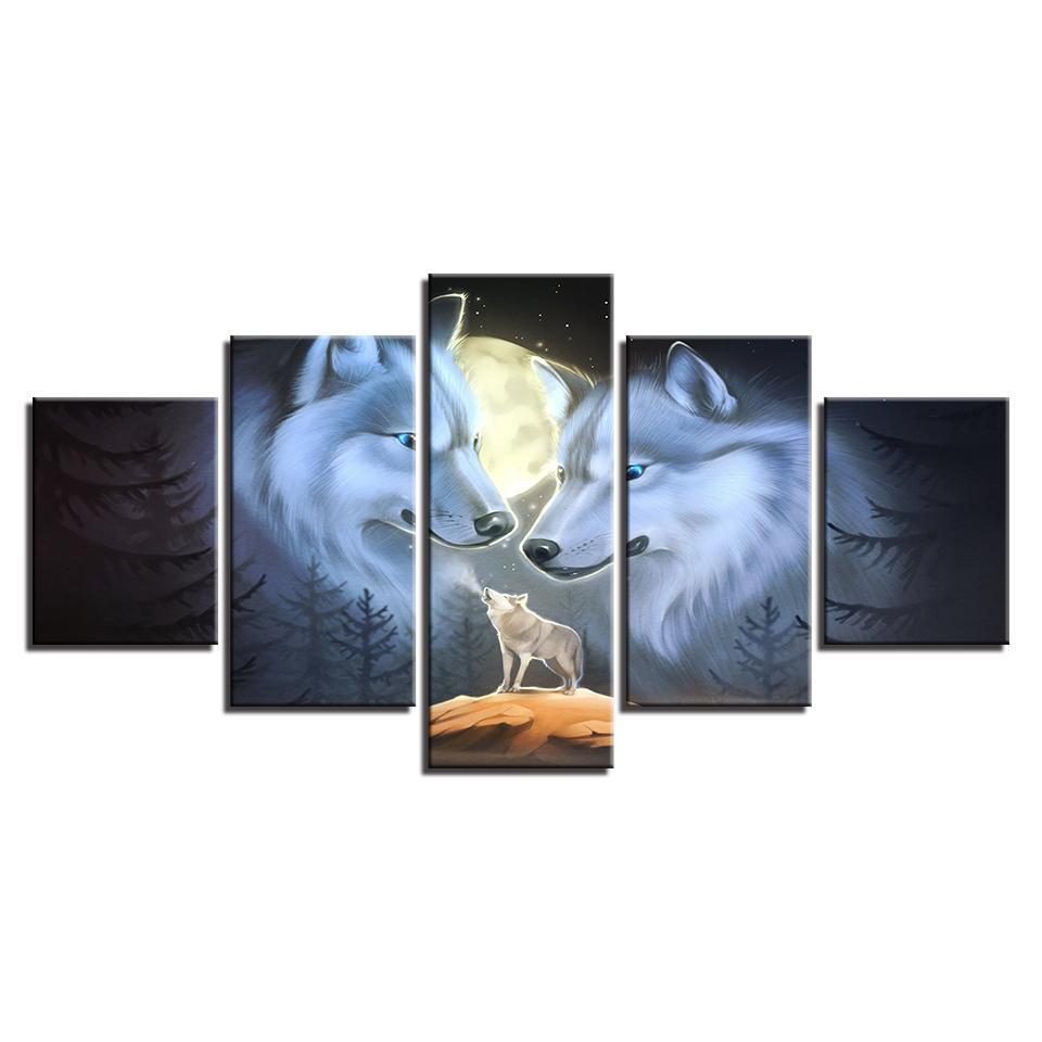 white wolf couple moon abstract animal 5 panel canvas art wall decor 5396