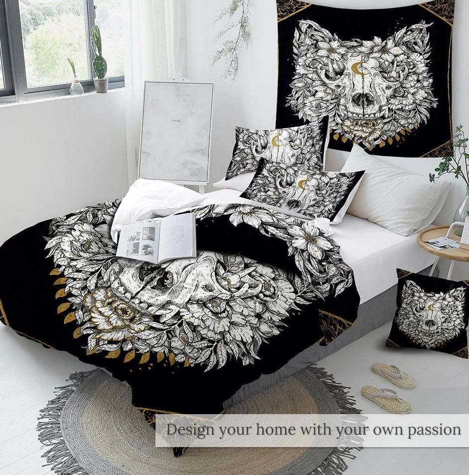 white wolf skull printed bedding set bedroom decor 7184