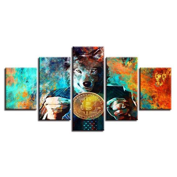 wolf head bitcoin btc modern abstract animal 5 panel canvas art wall decor 1008