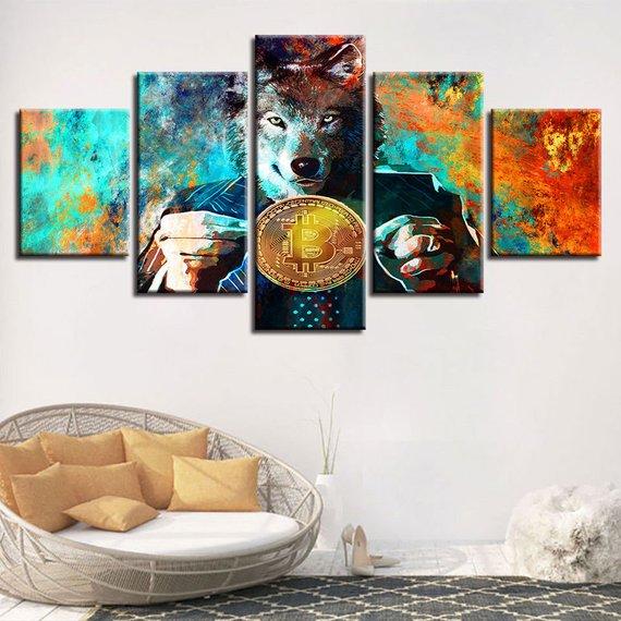 wolf head bitcoin btc modern abstract animal 5 panel canvas art wall decor 5039