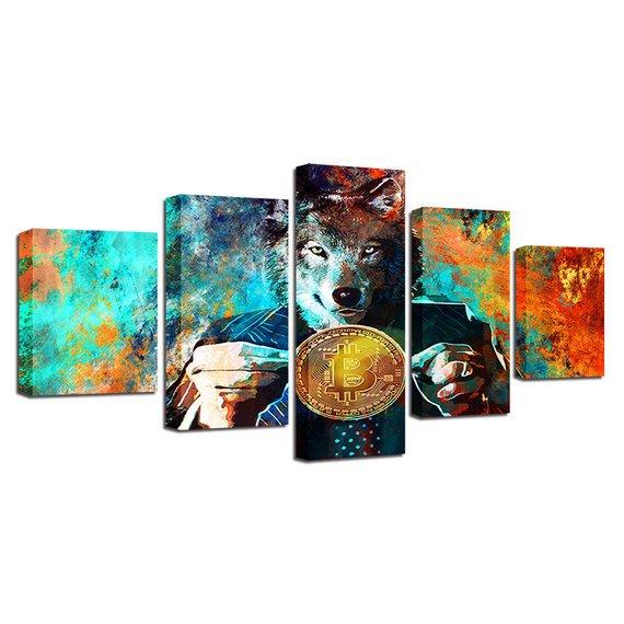 wolf head bitcoin btc modern abstract animal 5 panel canvas art wall decor 5103