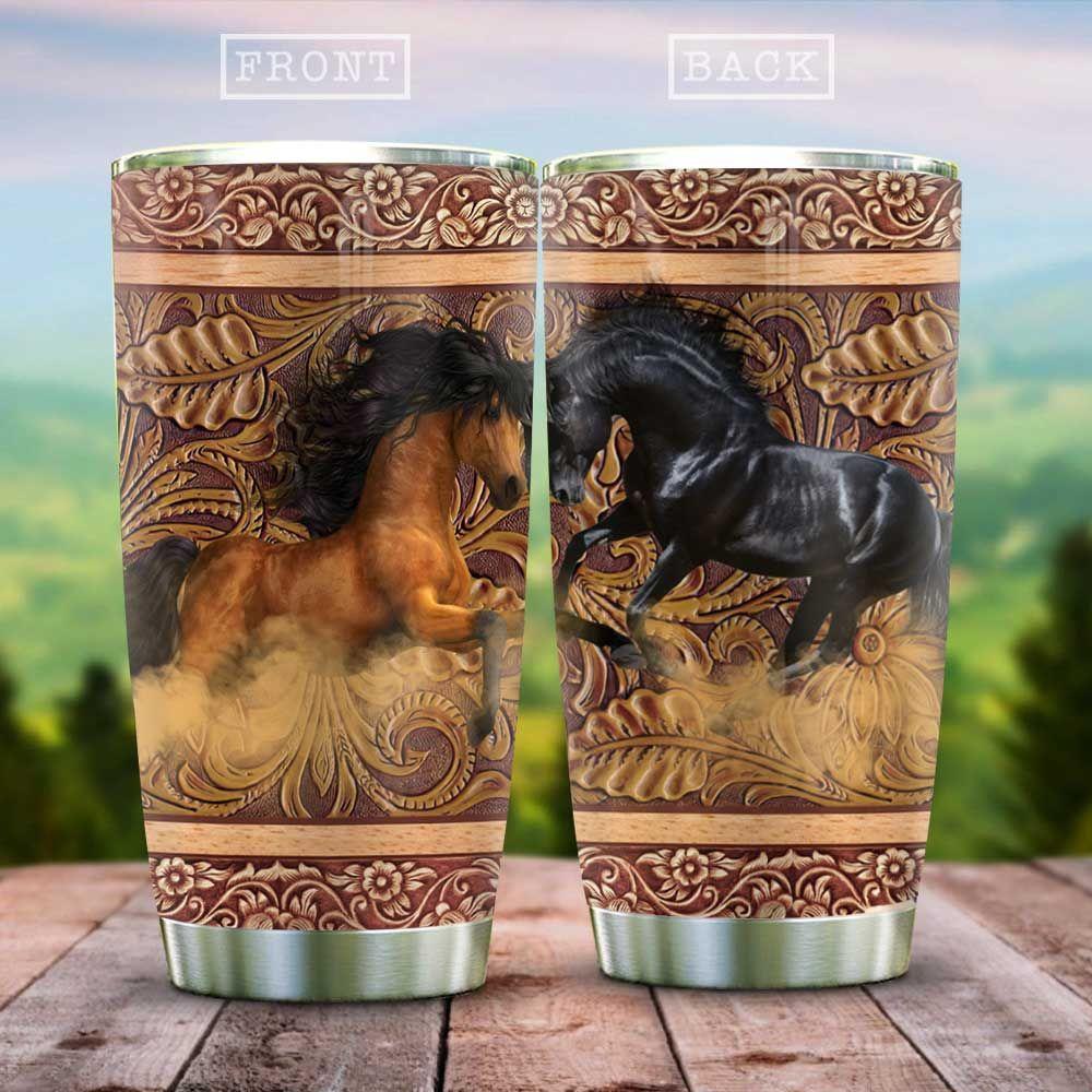 wooden style horse couple stainless steel tumbler 6897