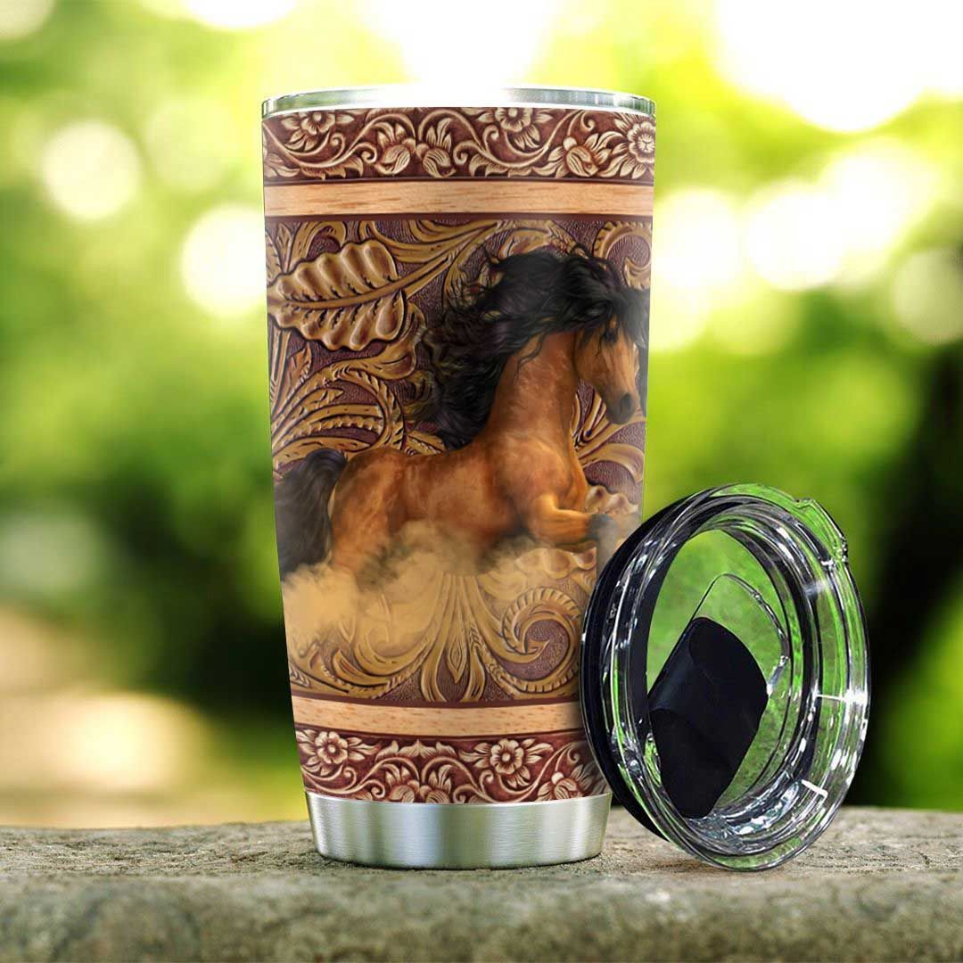 wooden style horse couple stainless steel tumbler 8969