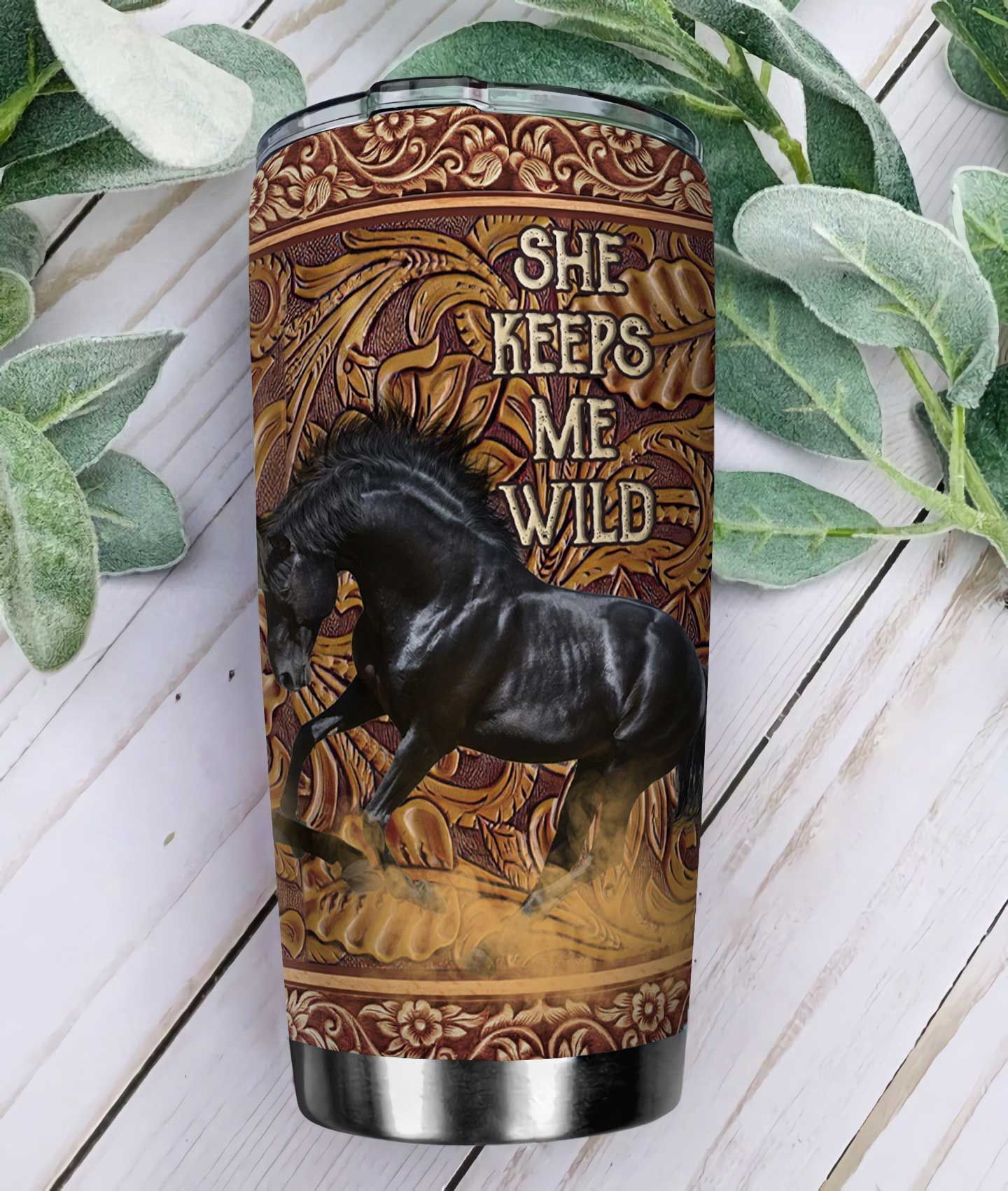 wooden style horse wild couple stainless steel tumbler 6241