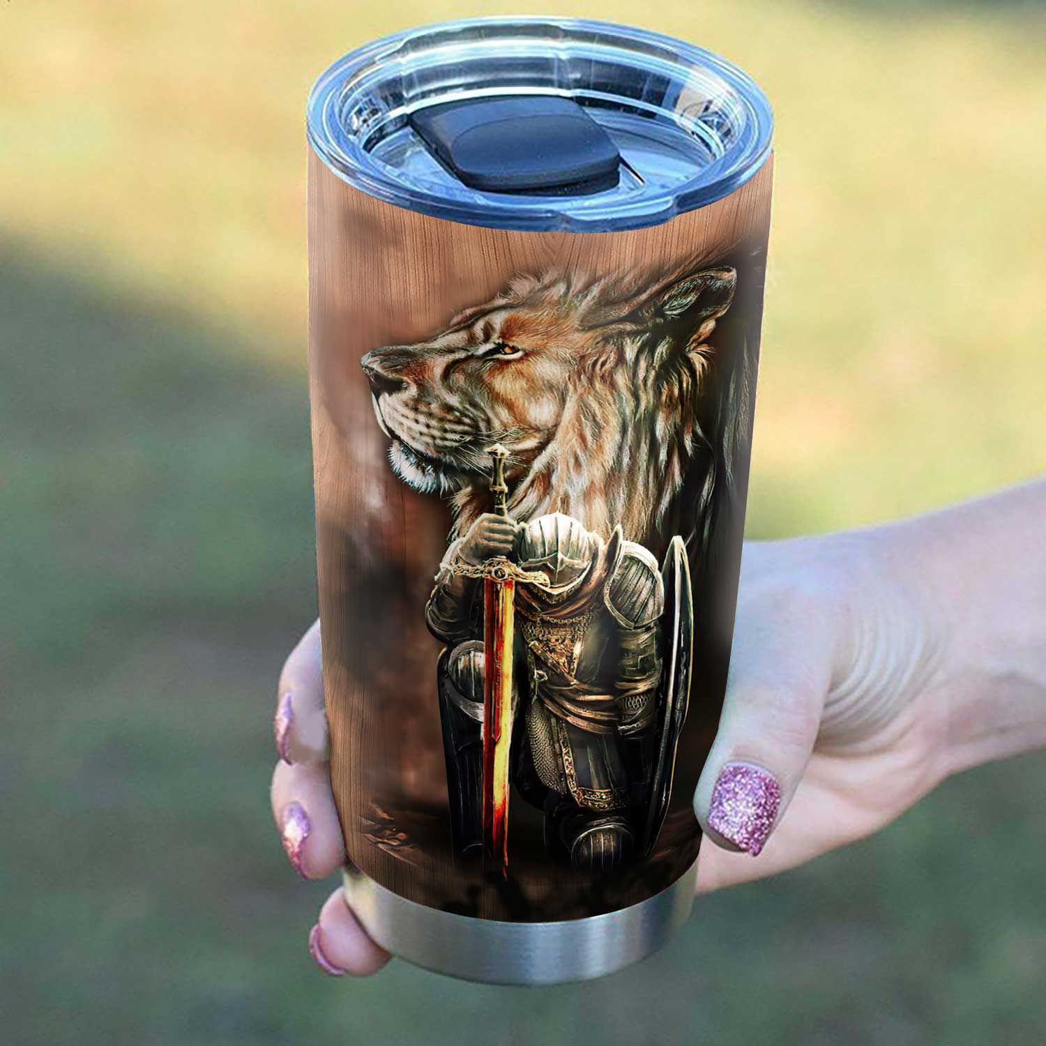 wooden style lion warrior of god stainless steel tumbler 3996
