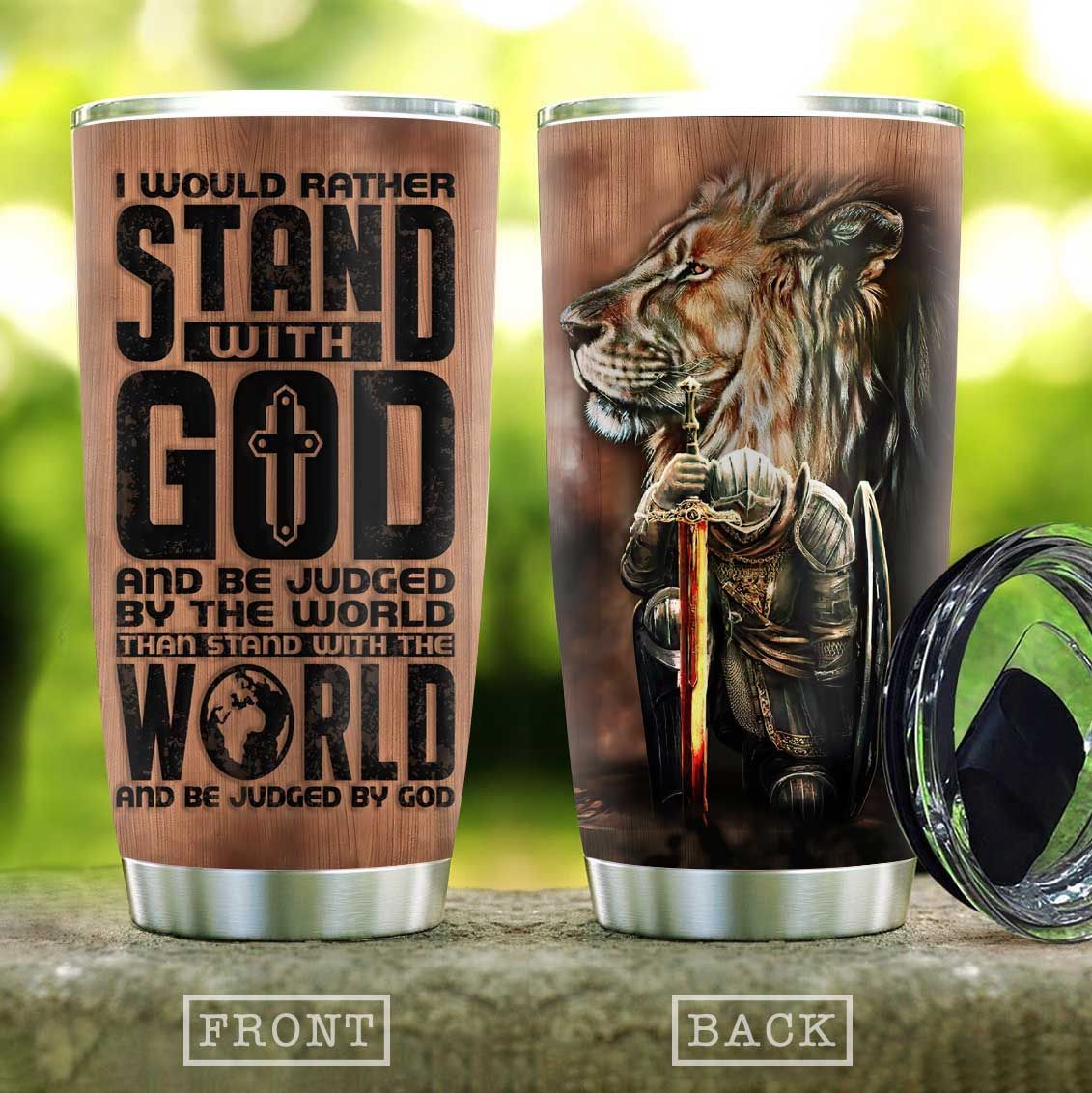 wooden style lion warrior of god stainless steel tumbler 8696