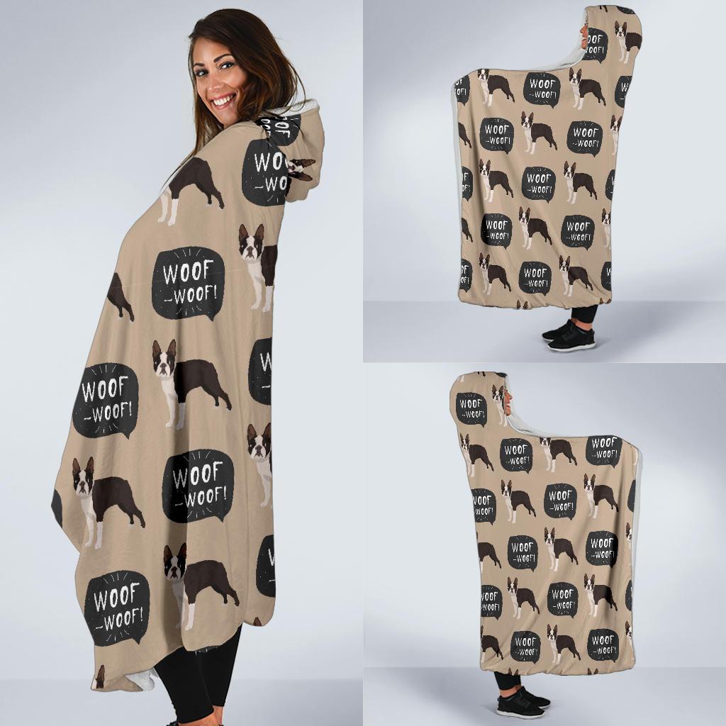 Woof Woof Boston Terrier Pattern Print Hooded Blanket Cloak Blanket woof woof boston terrier pattern print hooded blanket cloak blanket 4220