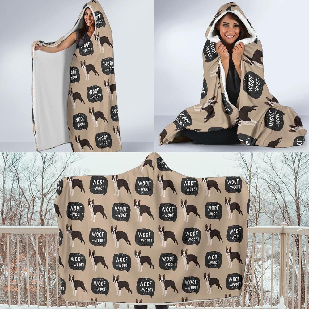 Woof Woof Boston Terrier Pattern Print Hooded Blanket Cloak Blanket woof woof boston terrier pattern print hooded blanket cloak blanket 4901