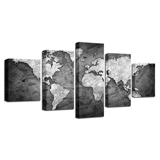 world map and currency abstract 5 panel canvas art wall decor 3584