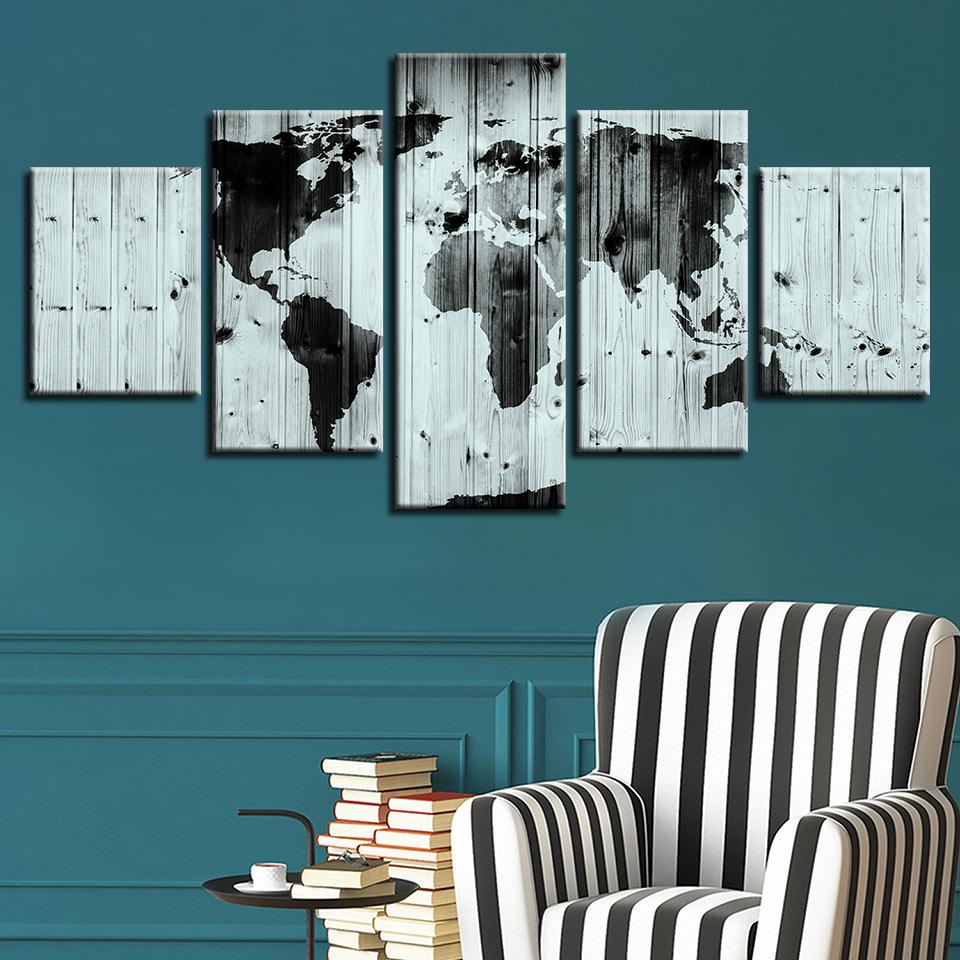 world map black white abstract 5 panel canvas art wall decor 3133