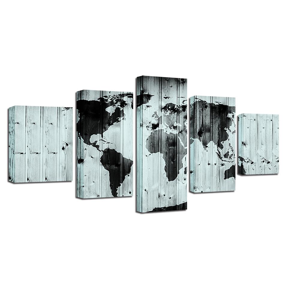world map black white abstract 5 panel canvas art wall decor 6336