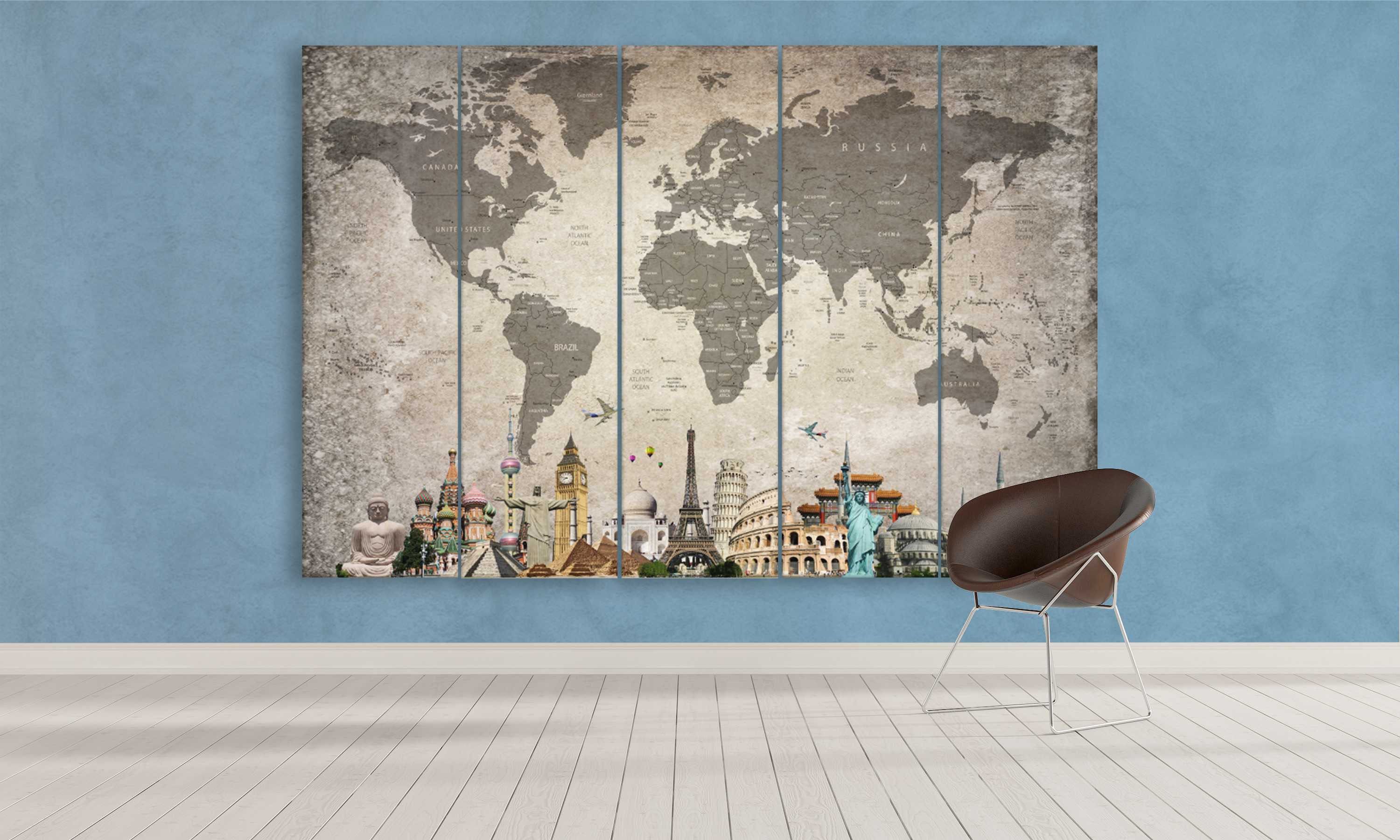 World Map Light Overlay World Map 5 Panel Canvas Art Wall Decor Teehall 6766