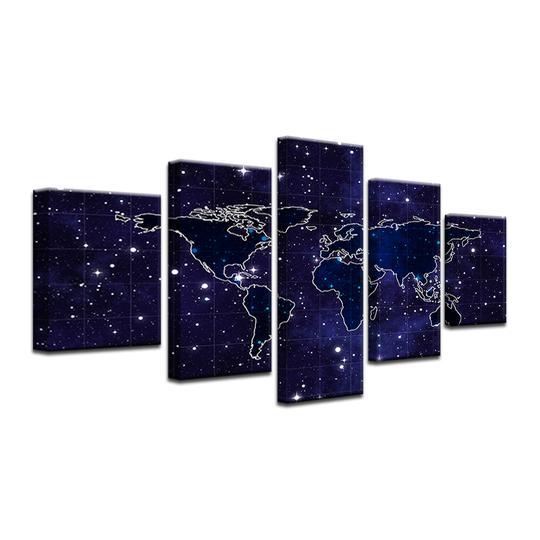world map over stars asbtract 5 panel canvas art wall decor 2905
