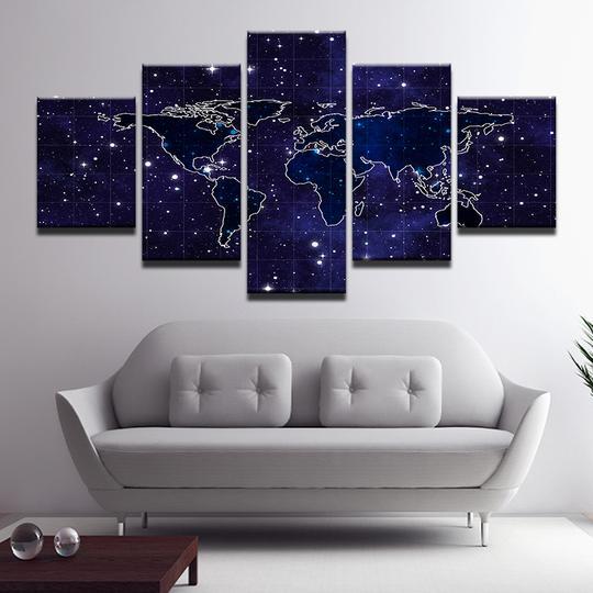 world map over stars asbtract 5 panel canvas art wall decor 3887