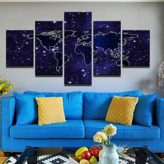 world map over stars asbtract 5 panel canvas art wall decor 4537
