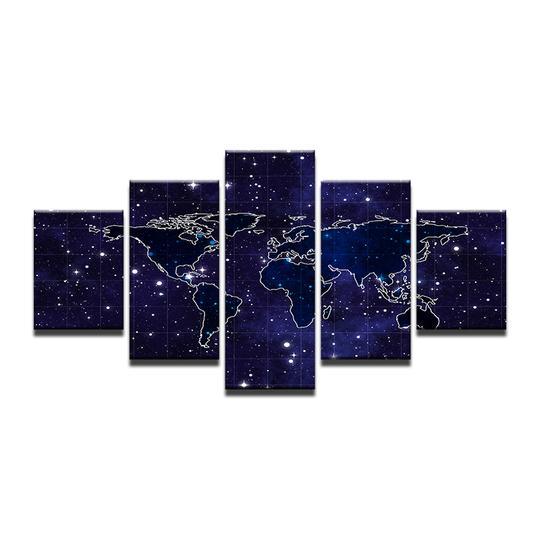 world map over stars asbtract 5 panel canvas art wall decor 6224