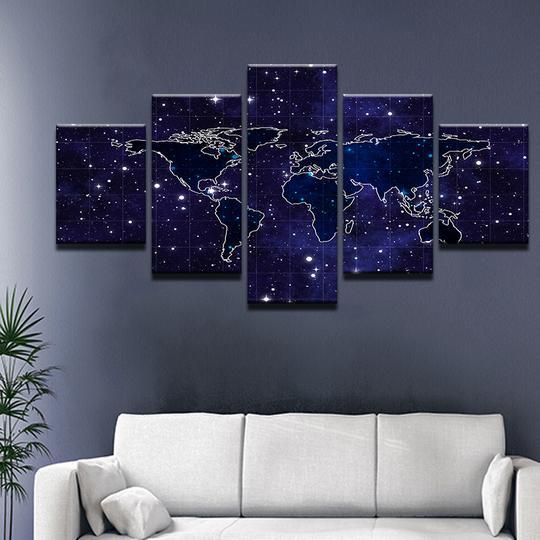 world map over stars asbtract 5 panel canvas art wall decor 6622