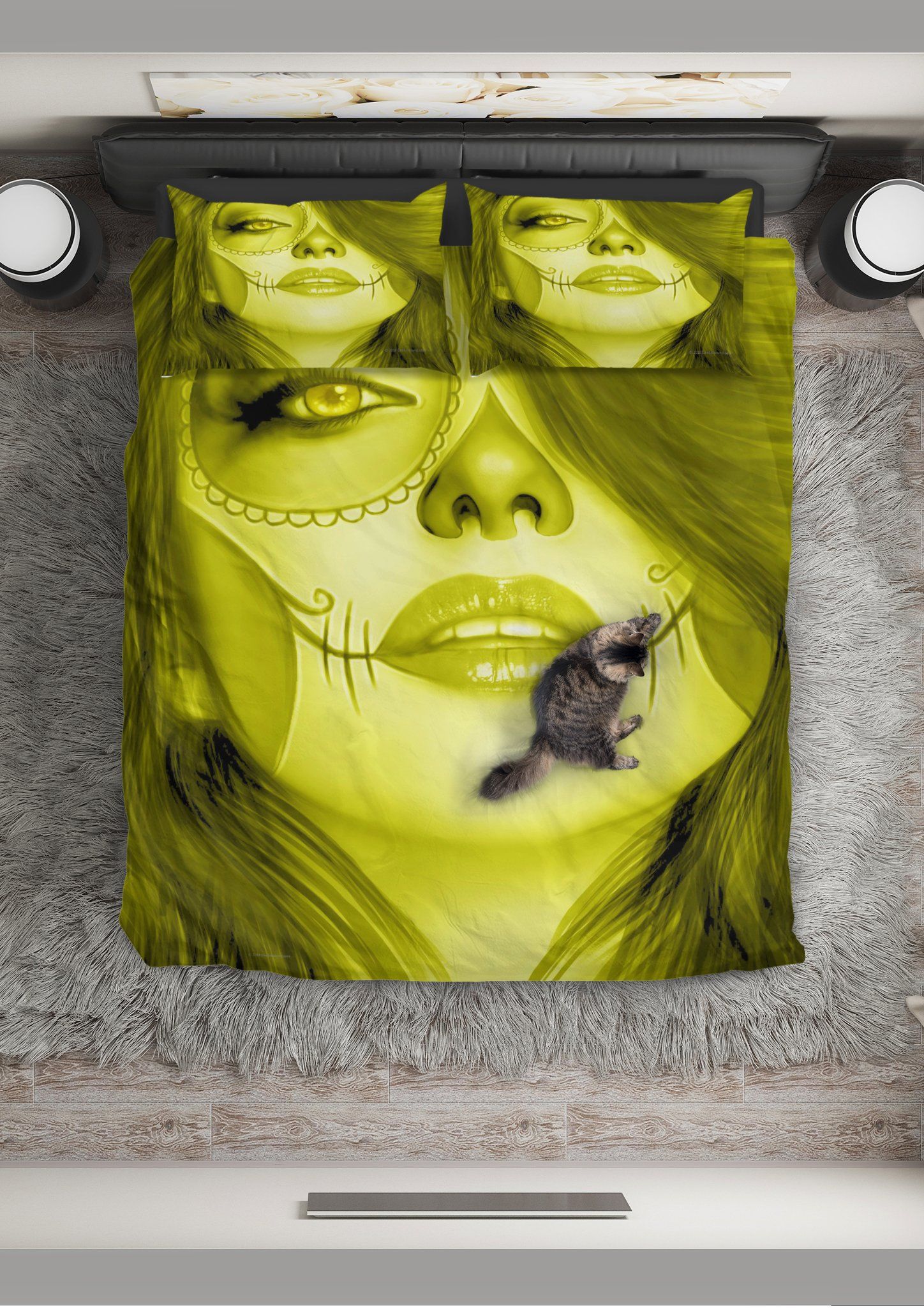 Yellow Calavera Fresh Look Halloween Spirit Duvet Cover Bedding Set Bedroom Decor yellow calavera fresh look halloween spirit duvet cover bedding set bedroom decor 1640