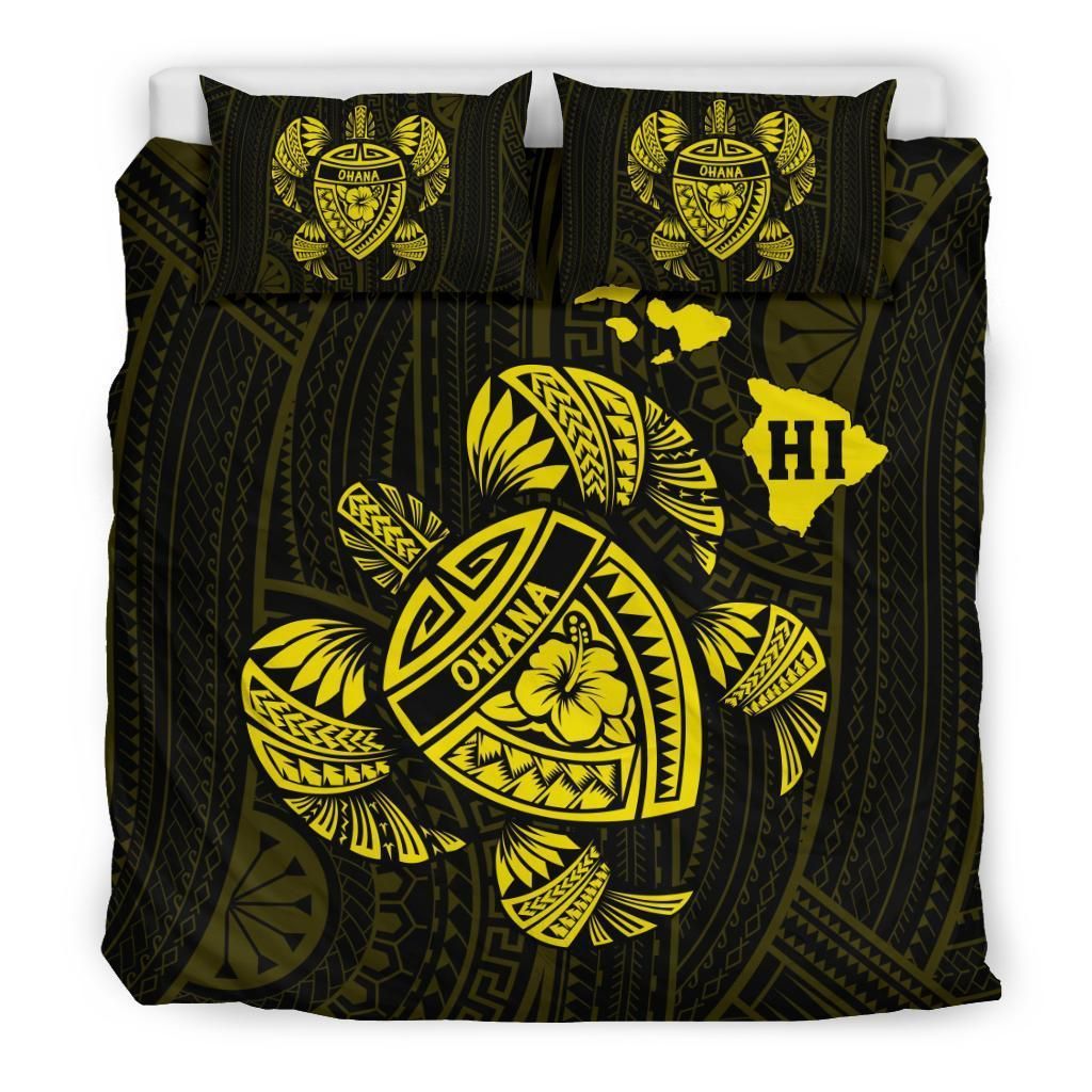 Yellow Hawaiian Map Turtle Ohana Hibiscus Polynesian Duvet Cover Bedding Set yellow hawaiian map turtle ohana hibiscus polynesian duvet cover bedding set 3087