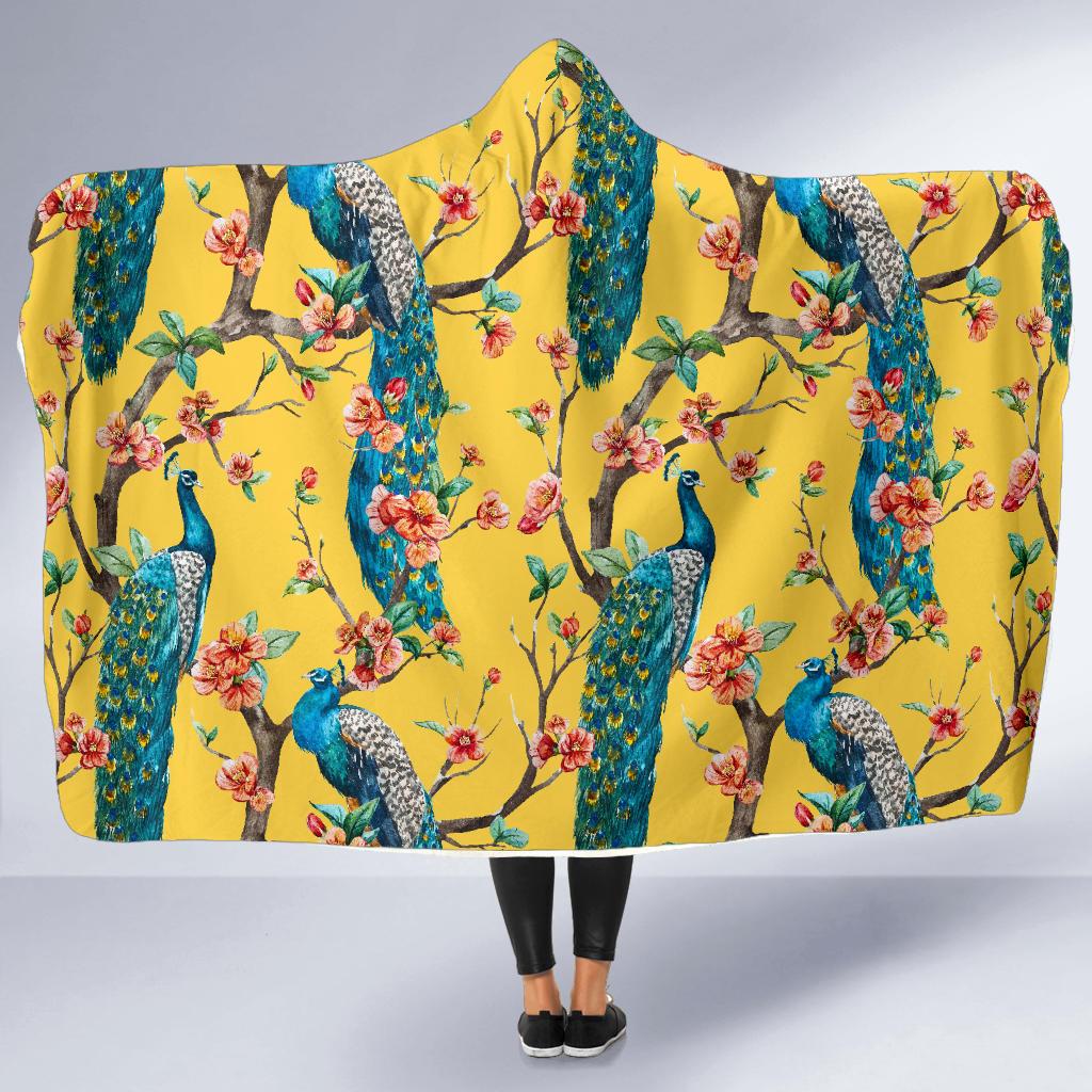 yellow peacock floral pattern print hooded blanket cloak blanket 2638