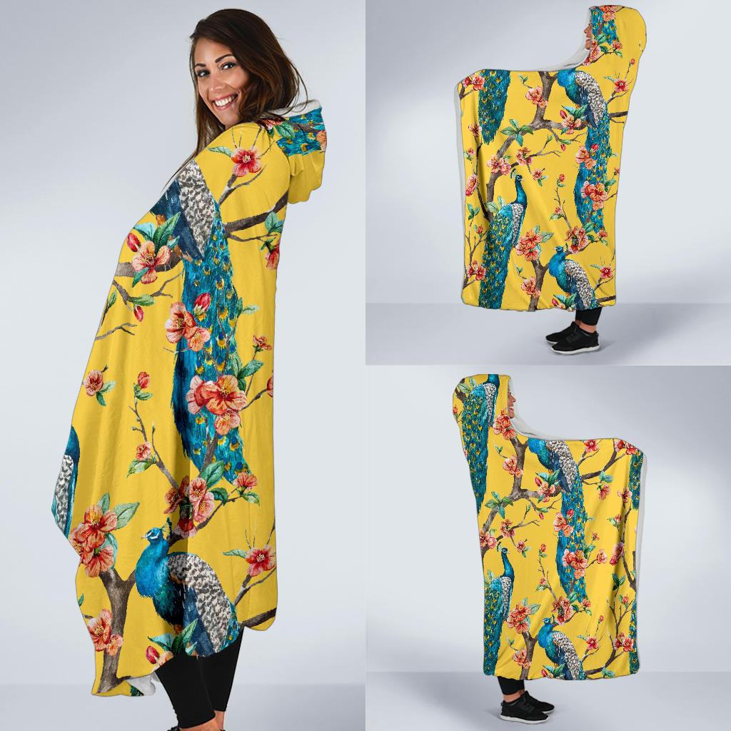 yellow peacock floral pattern print hooded blanket cloak blanket 3757