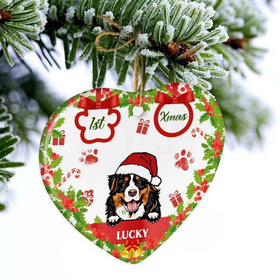 1st Xmas Christmas Gift For Dog Lovers Personalized Custom Heart Ceramic Ornament 2
