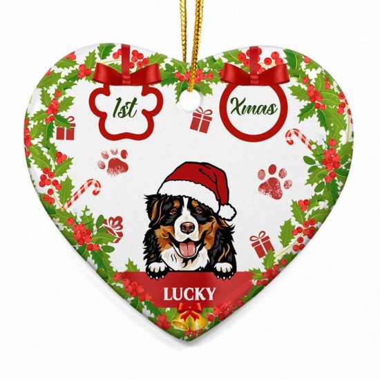 1st Xmas - Christmas Gift For Dog Lovers - Personalized Custom Heart Ceramic Ornament